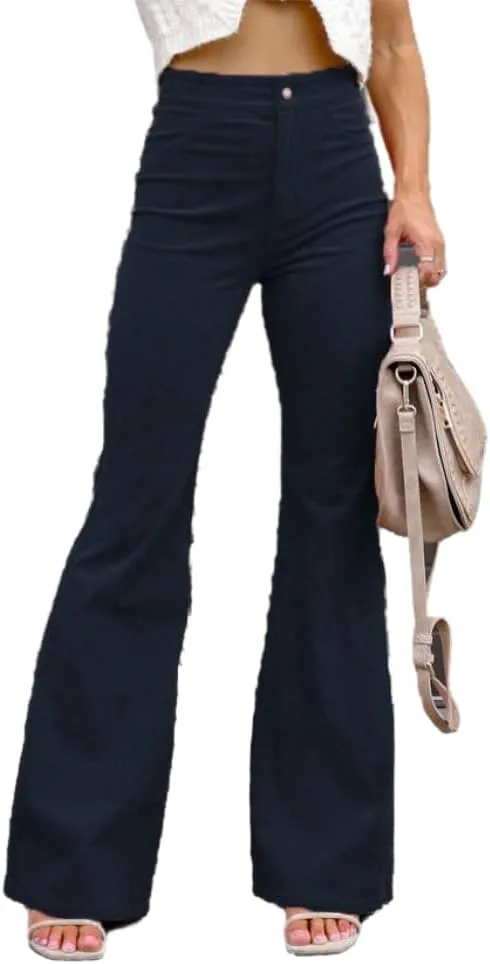Corduroy Pants Women High Waist Flare Pants Casual Wide Leg Trousers with Pockets