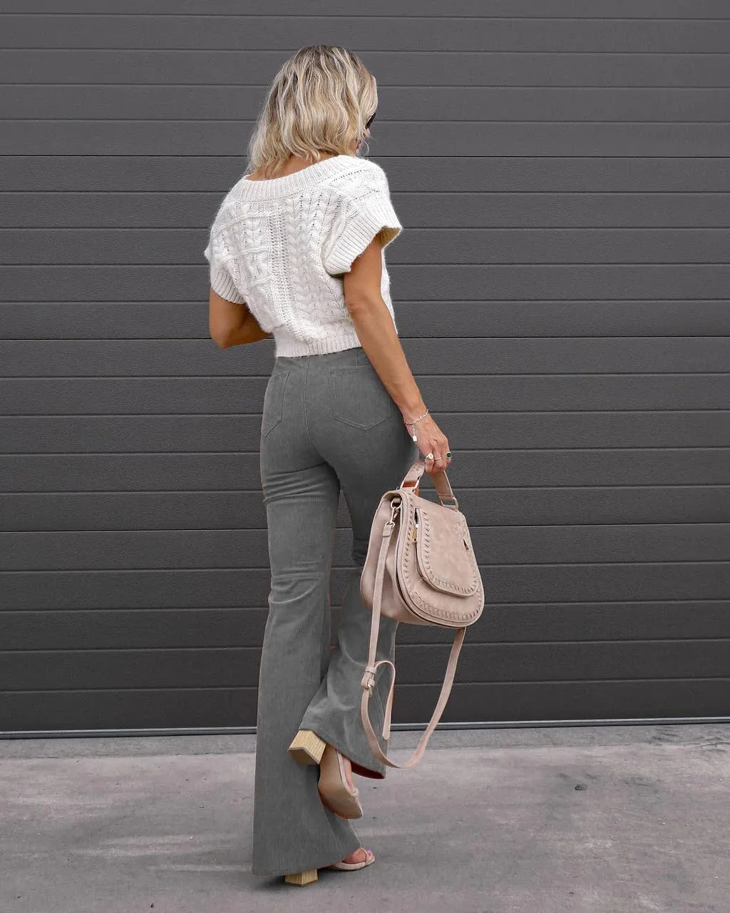 Corduroy Pants Women High Waist Flare Pants Casual Wide Leg Trousers with Pockets