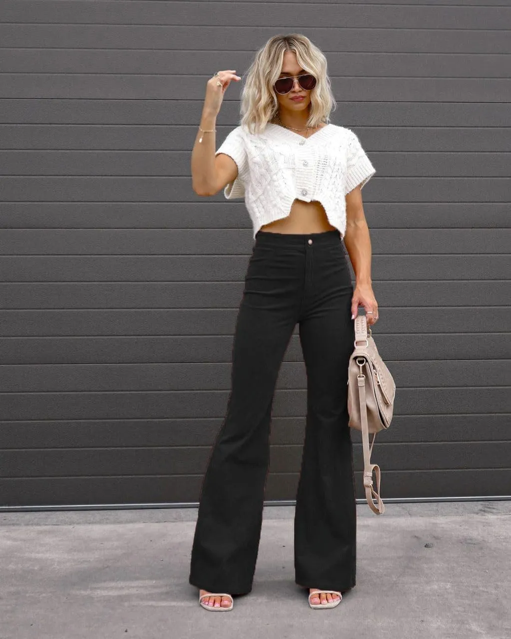 Corduroy Pants Women High Waist Flare Pants Casual Wide Leg Trousers with Pockets