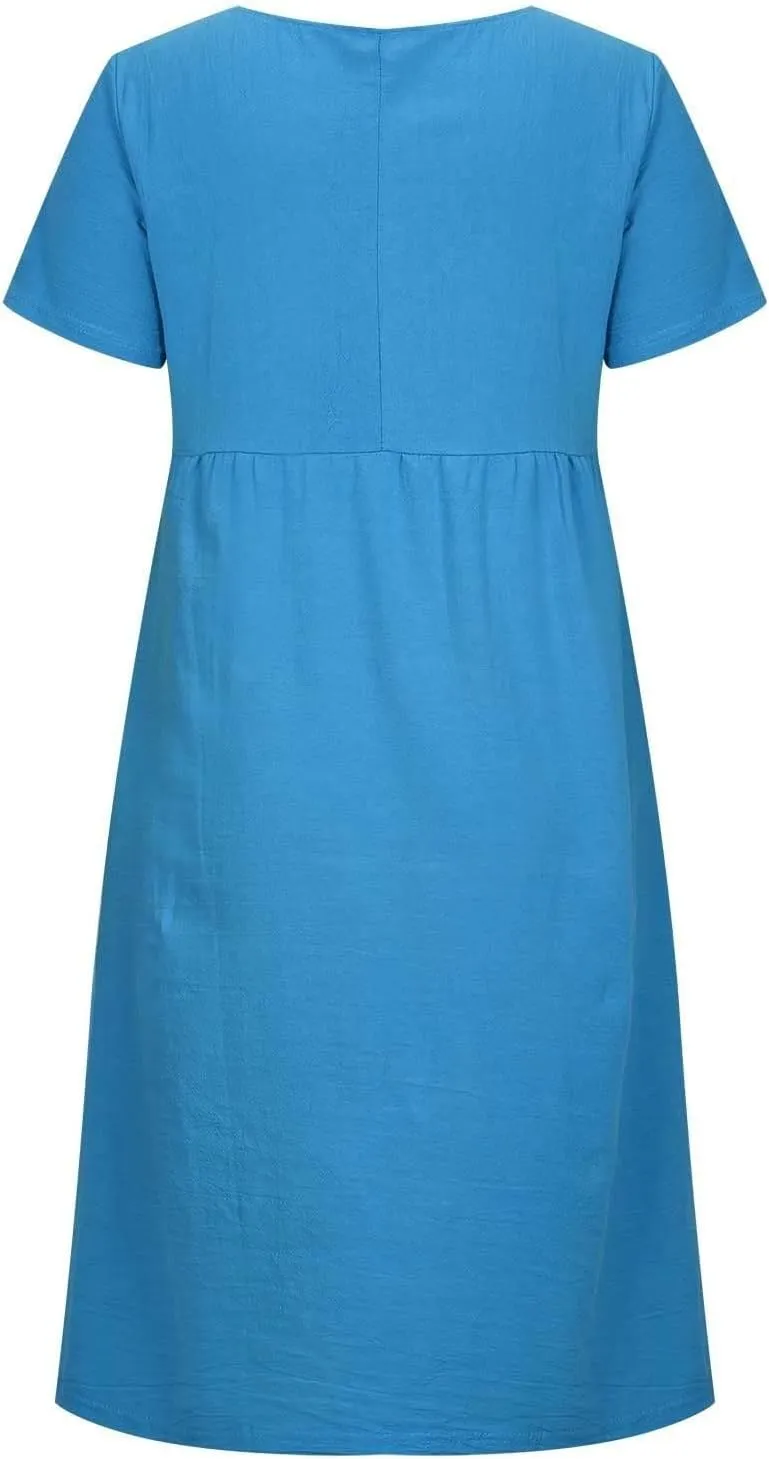 Cotton Linen Dress for Women,2025 Summer Pleated Cap Sleeve Crewneck Casual Dress Loose Mini Dresses