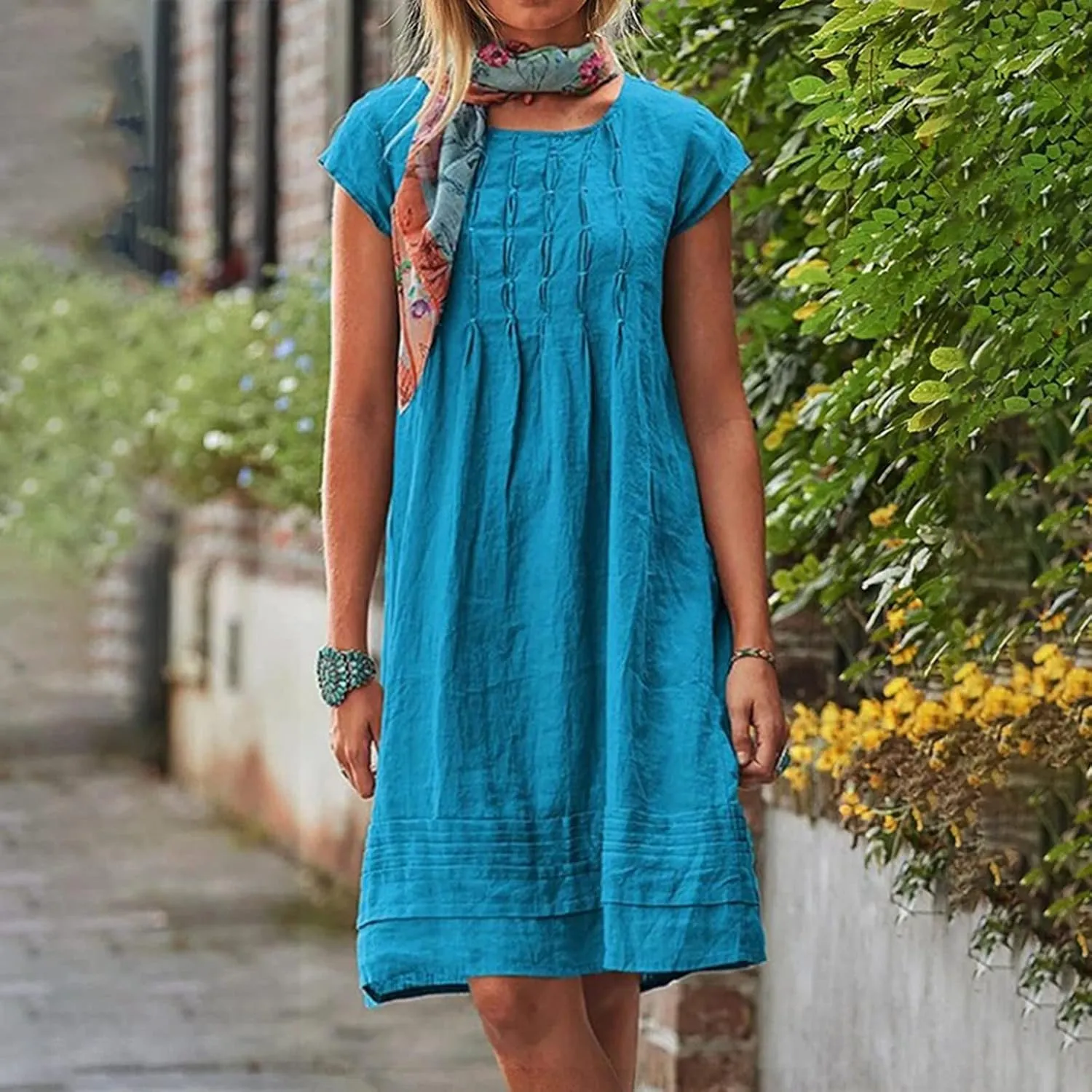 Cotton Linen Dress for Women,2025 Summer Pleated Cap Sleeve Crewneck Casual Dress Loose Mini Dresses
