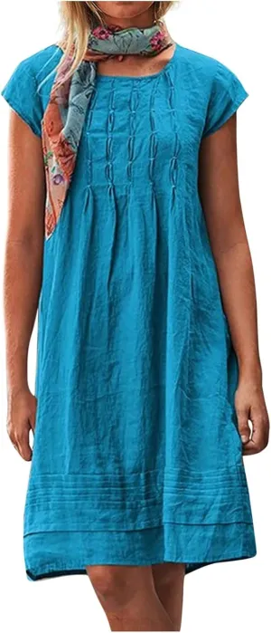Cotton Linen Dress for Women,2025 Summer Pleated Cap Sleeve Crewneck Casual Dress Loose Mini Dresses