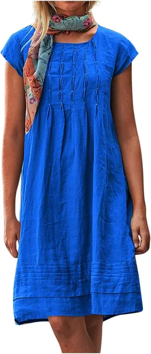 Cotton Linen Dress for Women,2025 Summer Pleated Cap Sleeve Crewneck Casual Dress Loose Mini Dresses