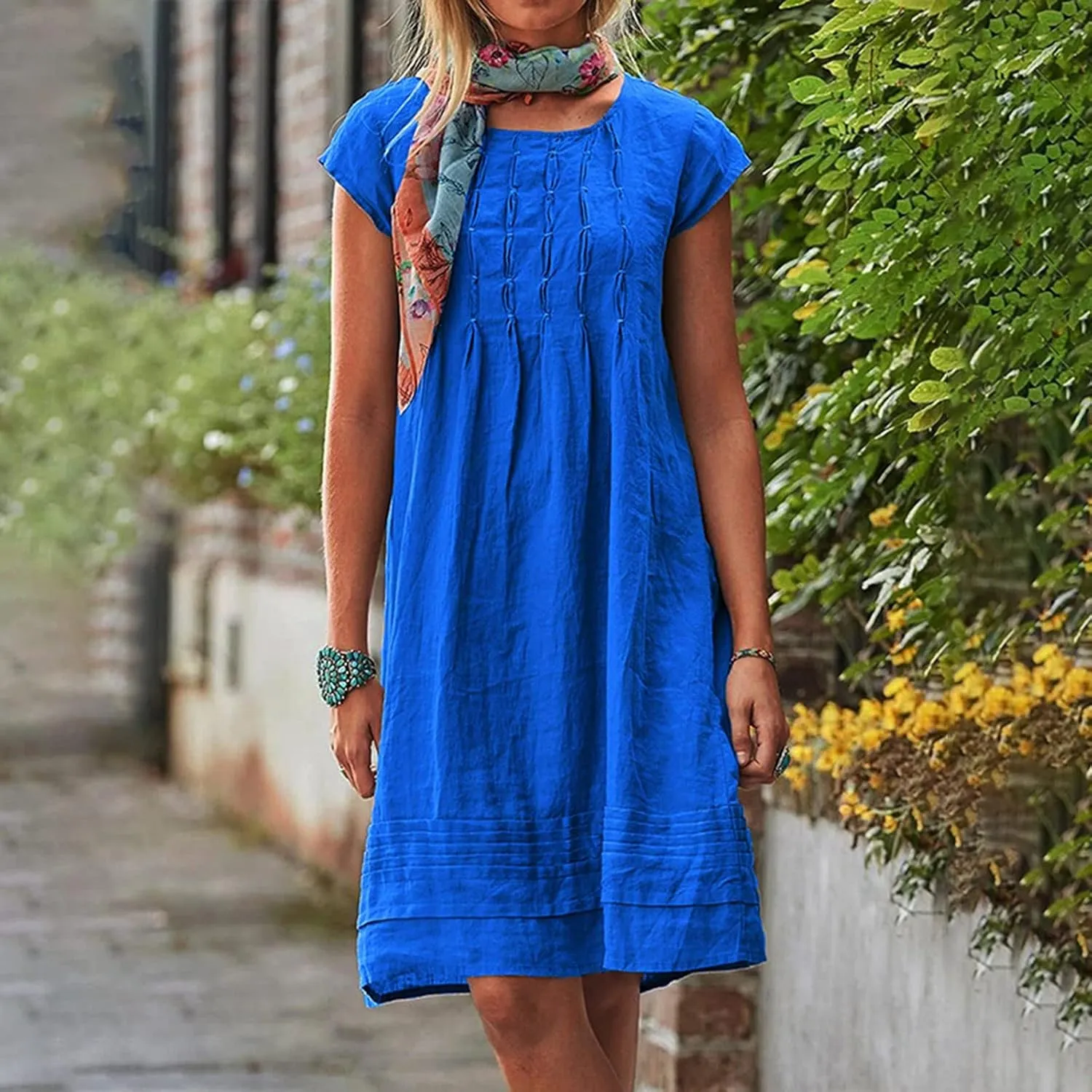 Cotton Linen Dress for Women,2025 Summer Pleated Cap Sleeve Crewneck Casual Dress Loose Mini Dresses