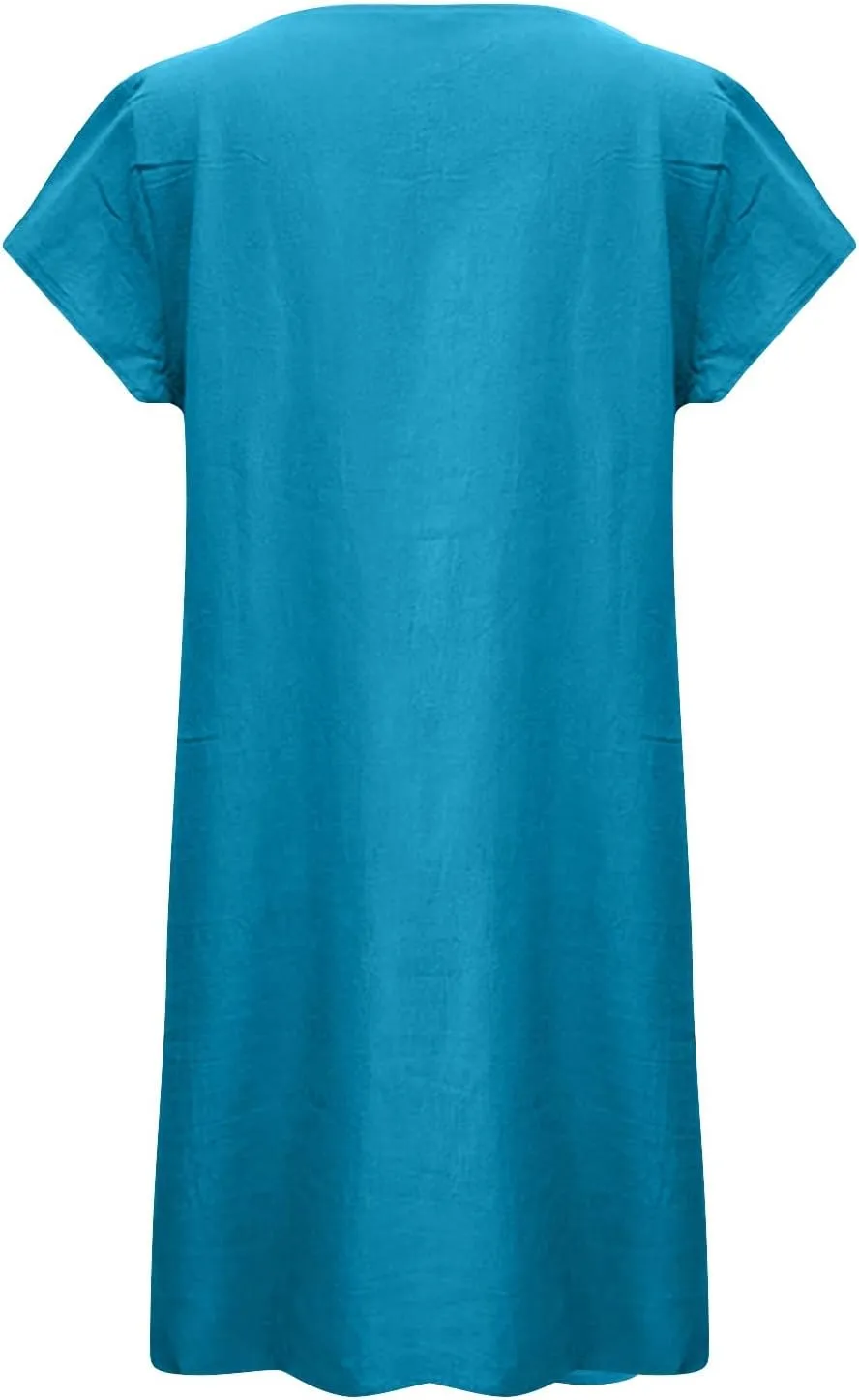 Cotton Linen Dress for Women,2025 Summer Pleated Cap Sleeve Crewneck Casual Dress Loose Mini Dresses
