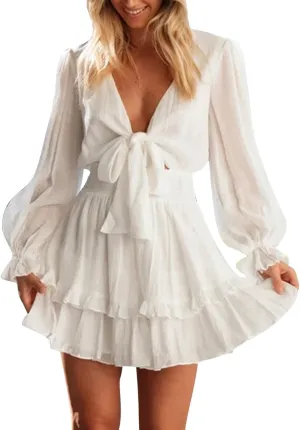 Crzidha Mini Dresses for Women Spring Summer Knot Front V Neck Ruffles Long Sleeve Floral Print Swing Short Dress