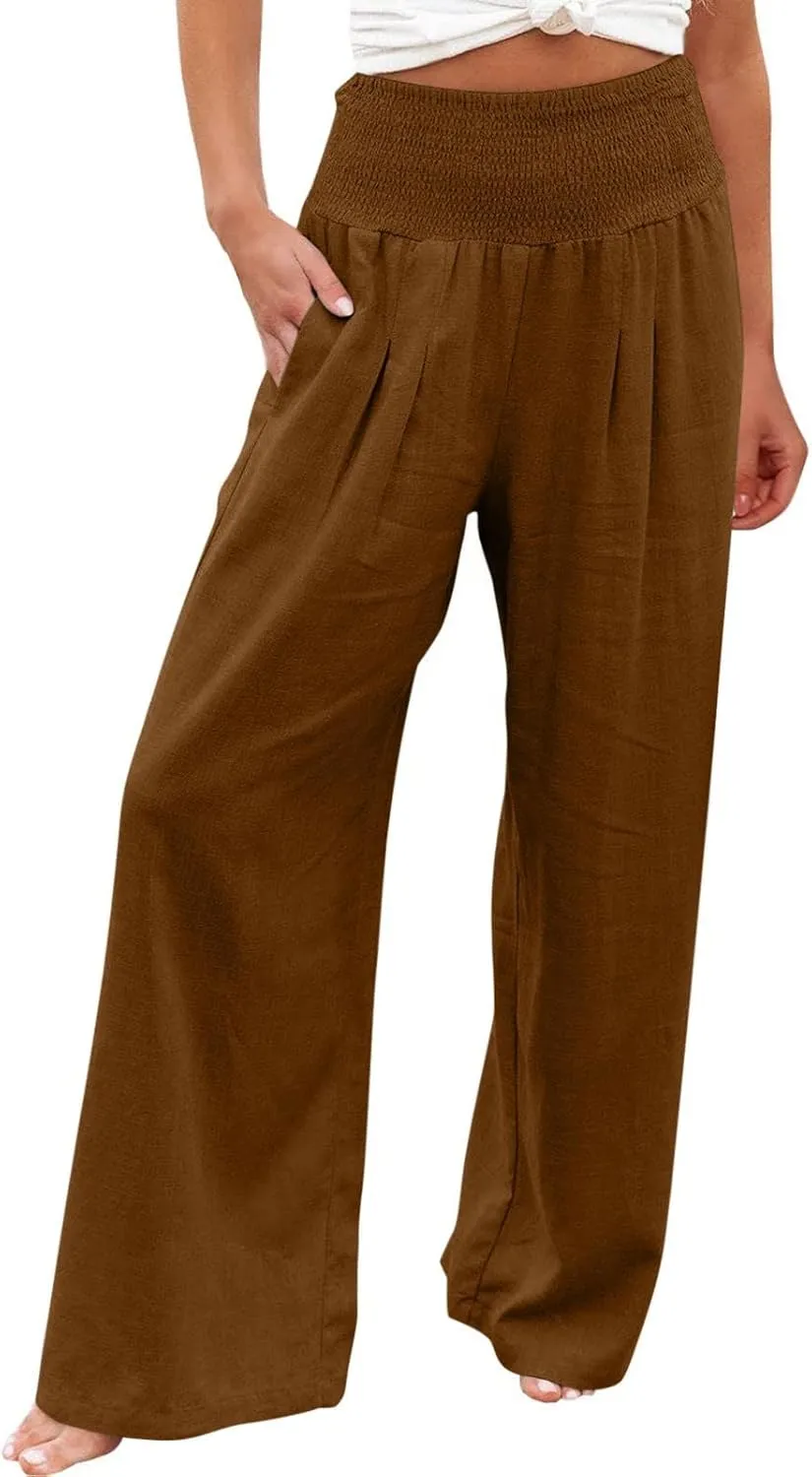 DASAYO Women's Lounge Baggy Long Pants Wide Leg High Waist Palazzo Pant Summer Beach Casual Solid Pocket Loose Linen Trousers