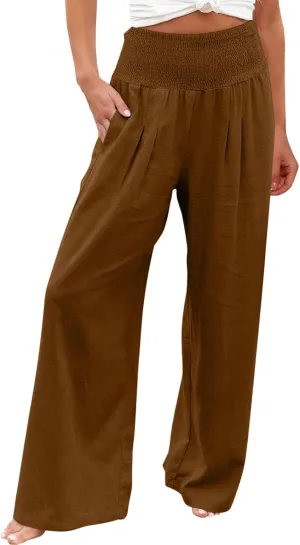 DASAYO Women's Lounge Baggy Long Pants Wide Leg High Waist Palazzo Pant Summer Beach Casual Solid Pocket Loose Linen Trousers