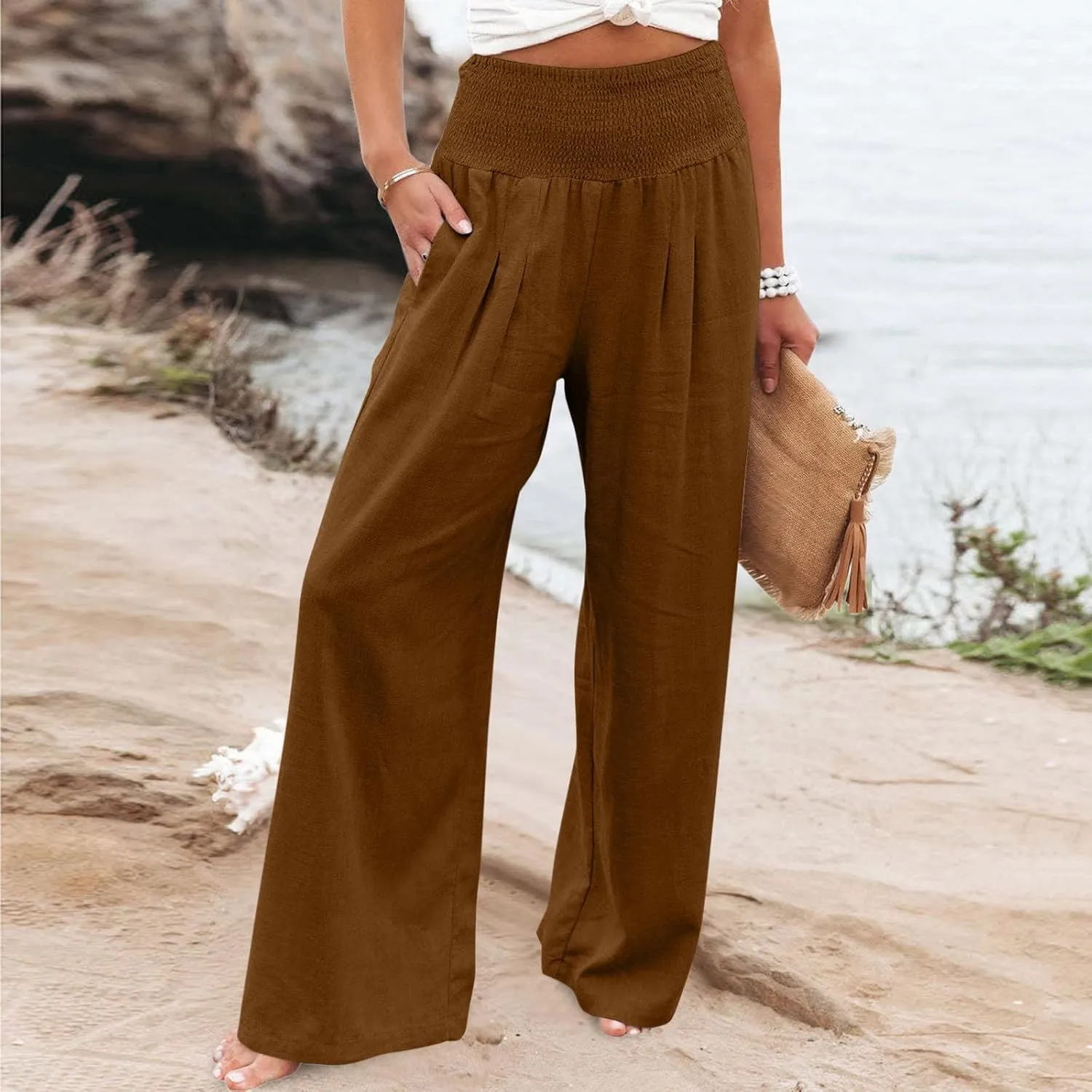 DASAYO Women's Lounge Baggy Long Pants Wide Leg High Waist Palazzo Pant Summer Beach Casual Solid Pocket Loose Linen Trousers