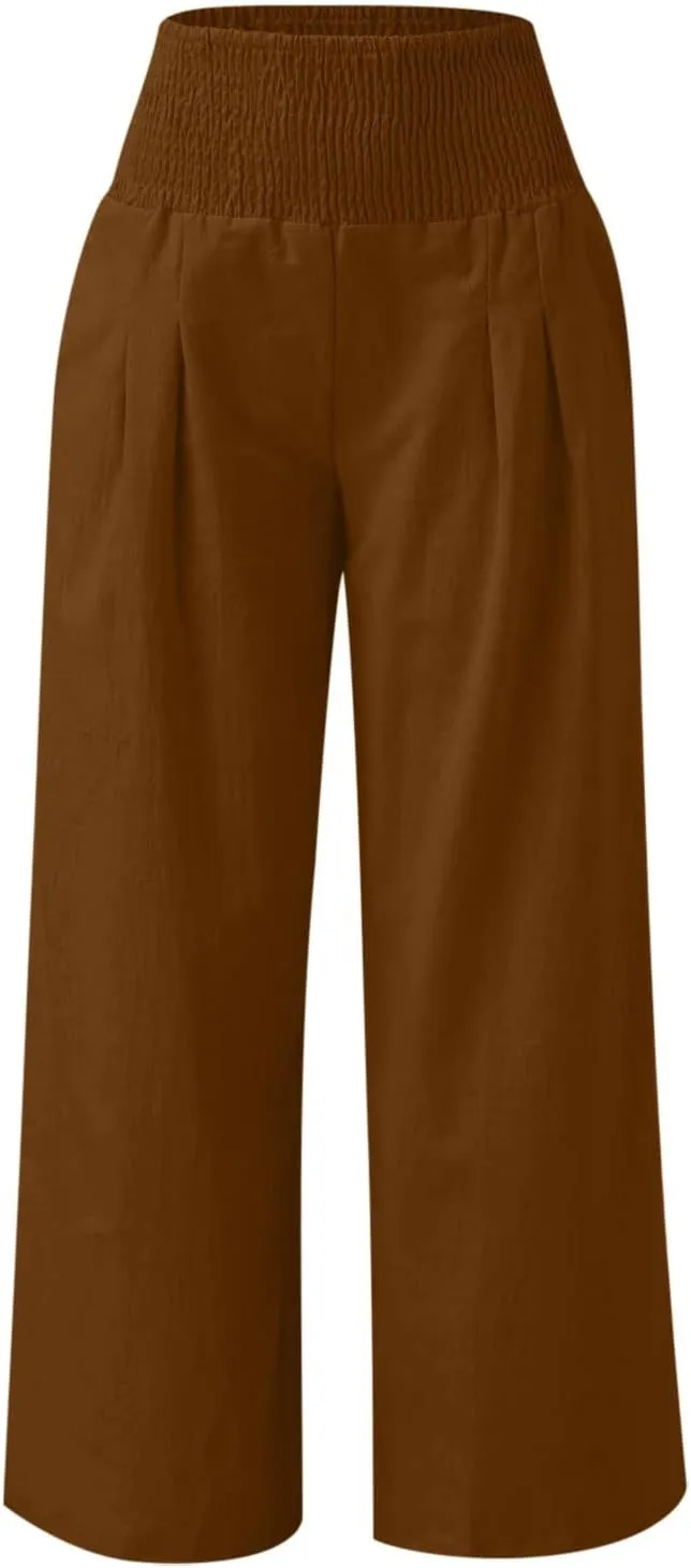 DASAYO Women's Lounge Baggy Long Pants Wide Leg High Waist Palazzo Pant Summer Beach Casual Solid Pocket Loose Linen Trousers