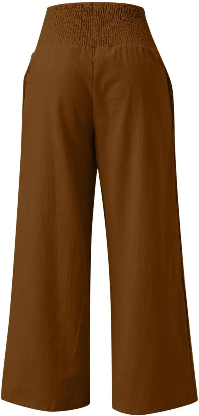 DASAYO Women's Lounge Baggy Long Pants Wide Leg High Waist Palazzo Pant Summer Beach Casual Solid Pocket Loose Linen Trousers