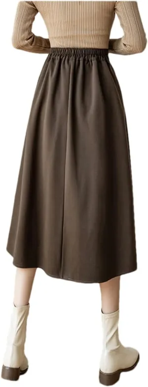 DBFBDTU High Waist Pleated Skirt Women Midi Skirt Ladies Woolen A-Line