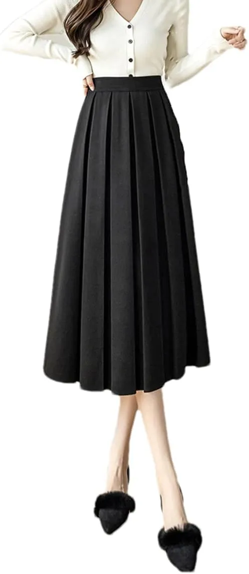 DBFBDTU High Waist Pleated Skirt Women Midi Skirt Ladies Woolen A-Line