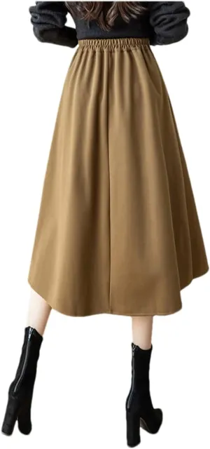 DBFBDTU High Waist Pleated Skirt Women Midi Skirt Ladies Woolen A-Line