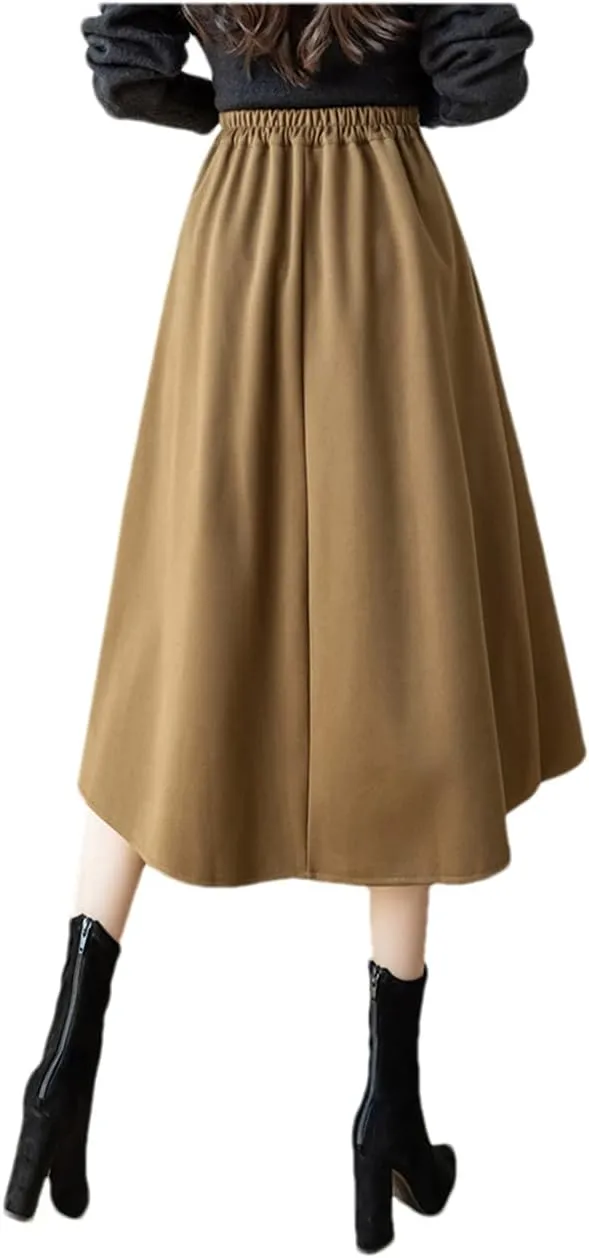 DBFBDTU High Waist Pleated Skirt Women Midi Skirt Ladies Woolen A-Line