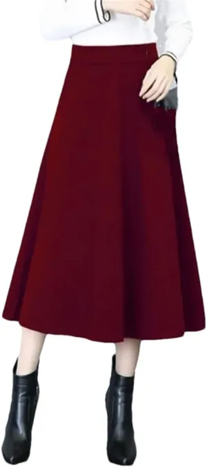 DBFBDTU Woolen Pockets Office Lady Midi Skirts Pleated Elastic High Waist A-Line Skirt