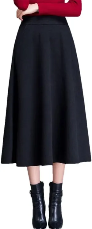 DBFBDTU Woolen Pockets Office Lady Midi Skirts Pleated Elastic High Waist A-Line Skirt