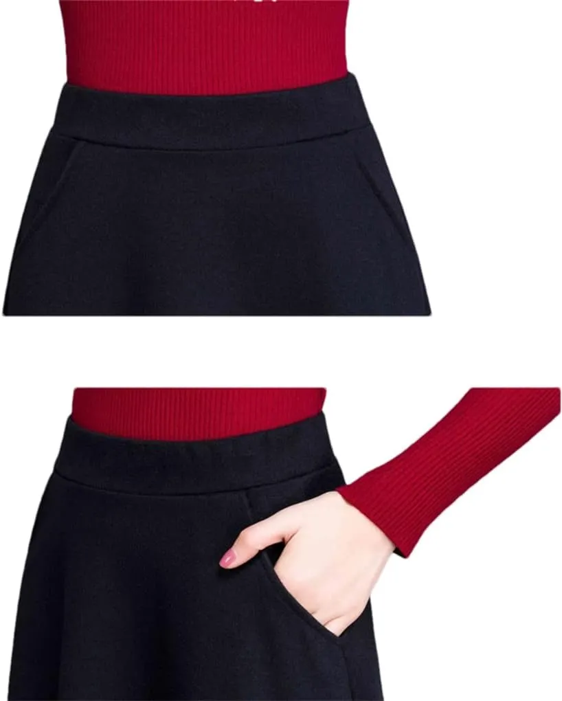 DBFBDTU Woolen Pockets Office Lady Midi Skirts Pleated Elastic High Waist A-Line Skirt