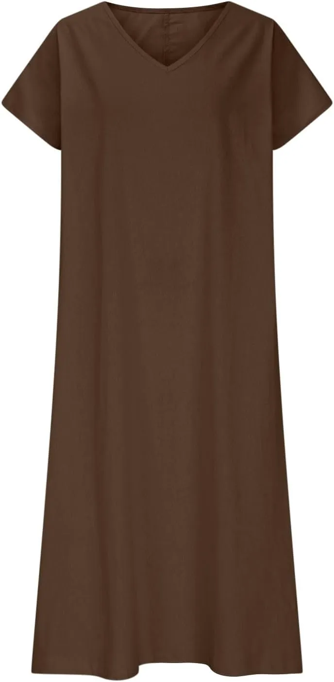 DDAPJ pyju Casual Summer Dresses for Women 2025 Linen V Neck Short Sleeve Tshirt Dress Beach Vacation Flowy Maxi Dresses