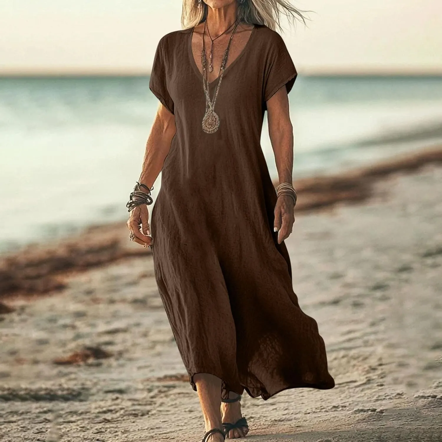 DDAPJ pyju Casual Summer Dresses for Women 2025 Linen V Neck Short Sleeve Tshirt Dress Beach Vacation Flowy Maxi Dresses