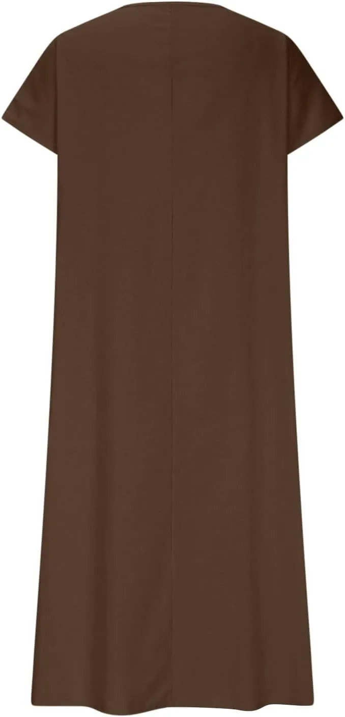 DDAPJ pyju Casual Summer Dresses for Women 2025 Linen V Neck Short Sleeve Tshirt Dress Beach Vacation Flowy Maxi Dresses
