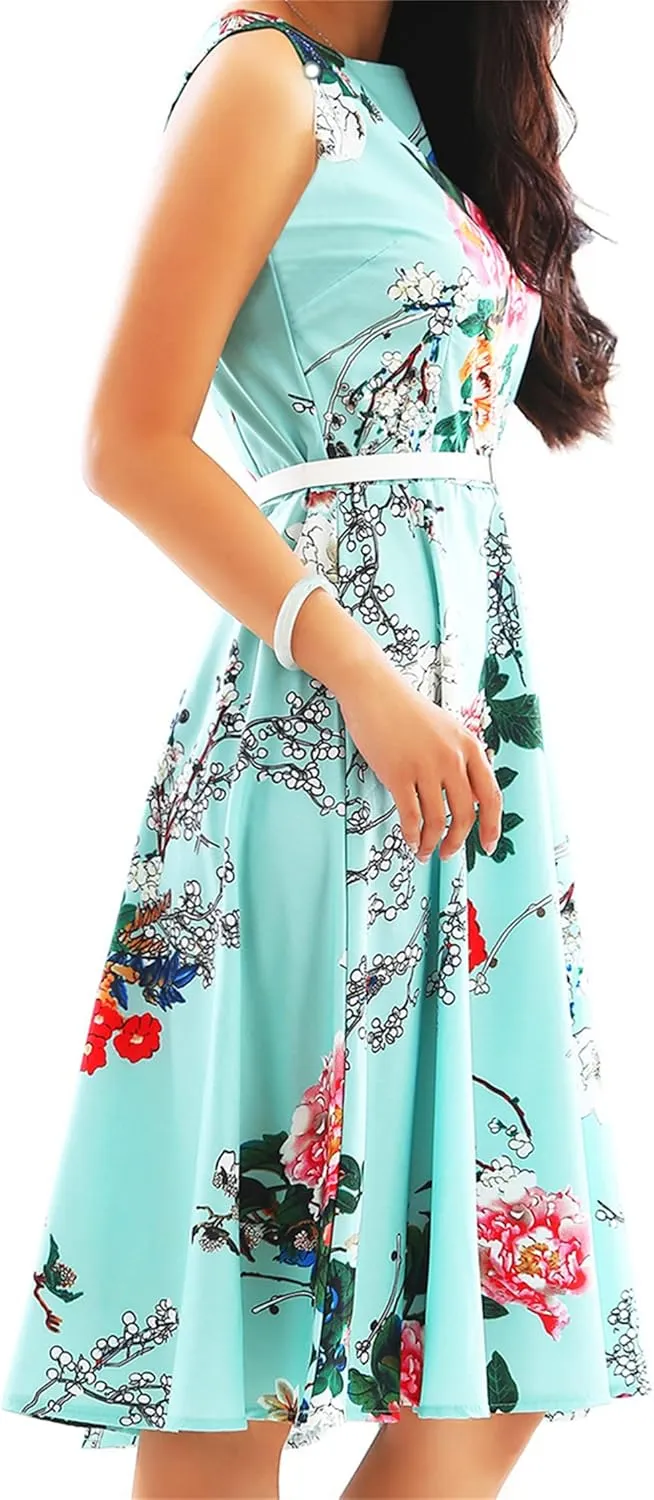 DIACACY Women's Summer Pleated Tie Waist Mini Dress Sleevelesss Floral Print Dresses Crew Neck Loose Dress with Belt