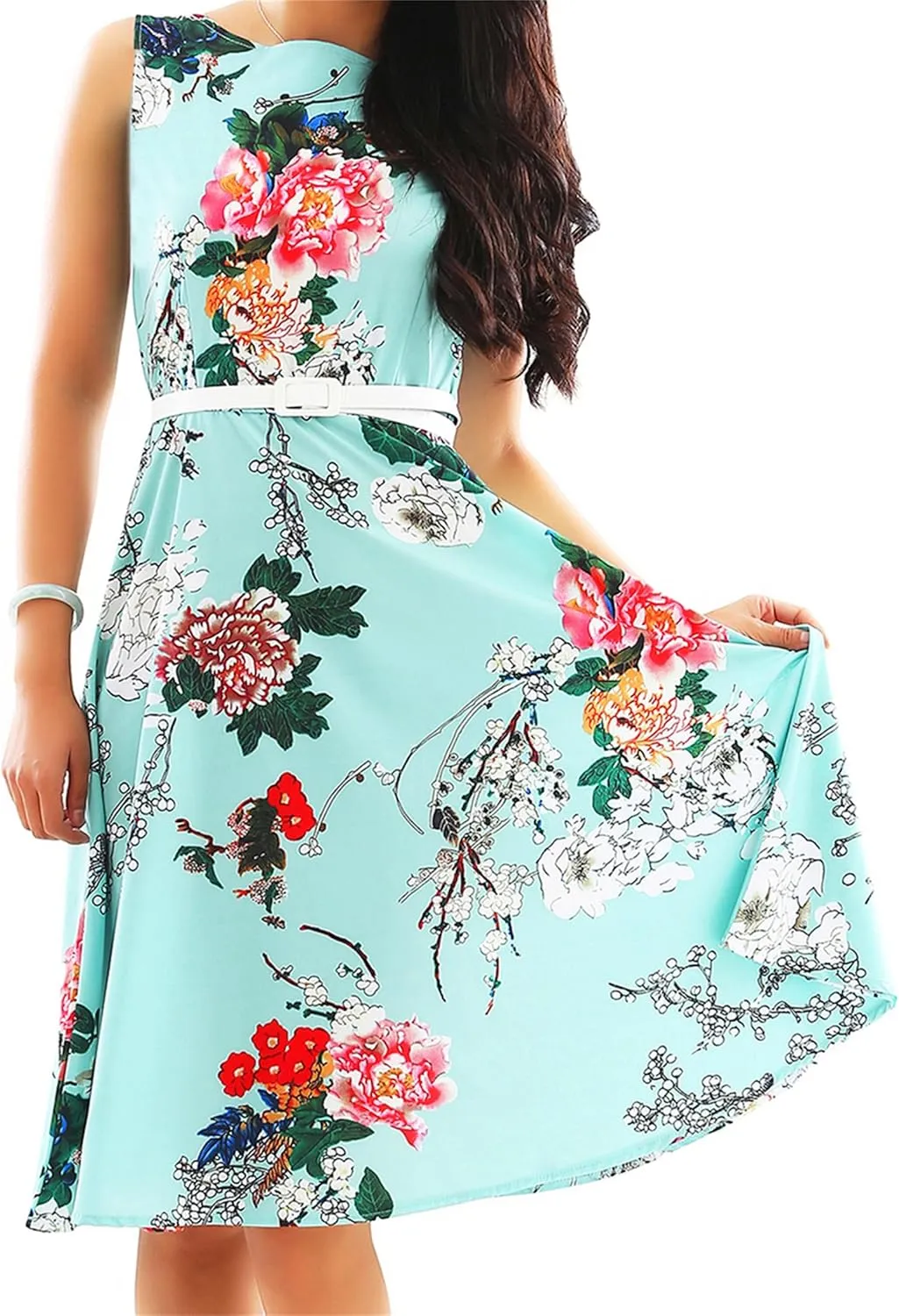 DIACACY Women's Summer Pleated Tie Waist Mini Dress Sleevelesss Floral Print Dresses Crew Neck Loose Dress with Belt