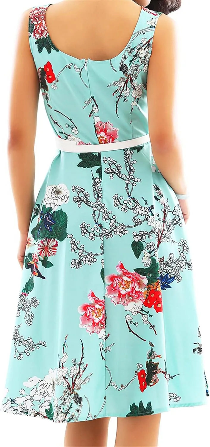 DIACACY Women's Summer Pleated Tie Waist Mini Dress Sleevelesss Floral Print Dresses Crew Neck Loose Dress with Belt