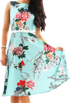 DIACACY Women's Summer Pleated Tie Waist Mini Dress Sleevelesss Floral Print Dresses Crew Neck Loose Dress with Belt