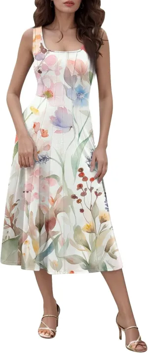 Dresses for Women 2025 Formal Floral Midi Vacation Sundresses Casual Soft Fabric Dress Cocktail Dresses