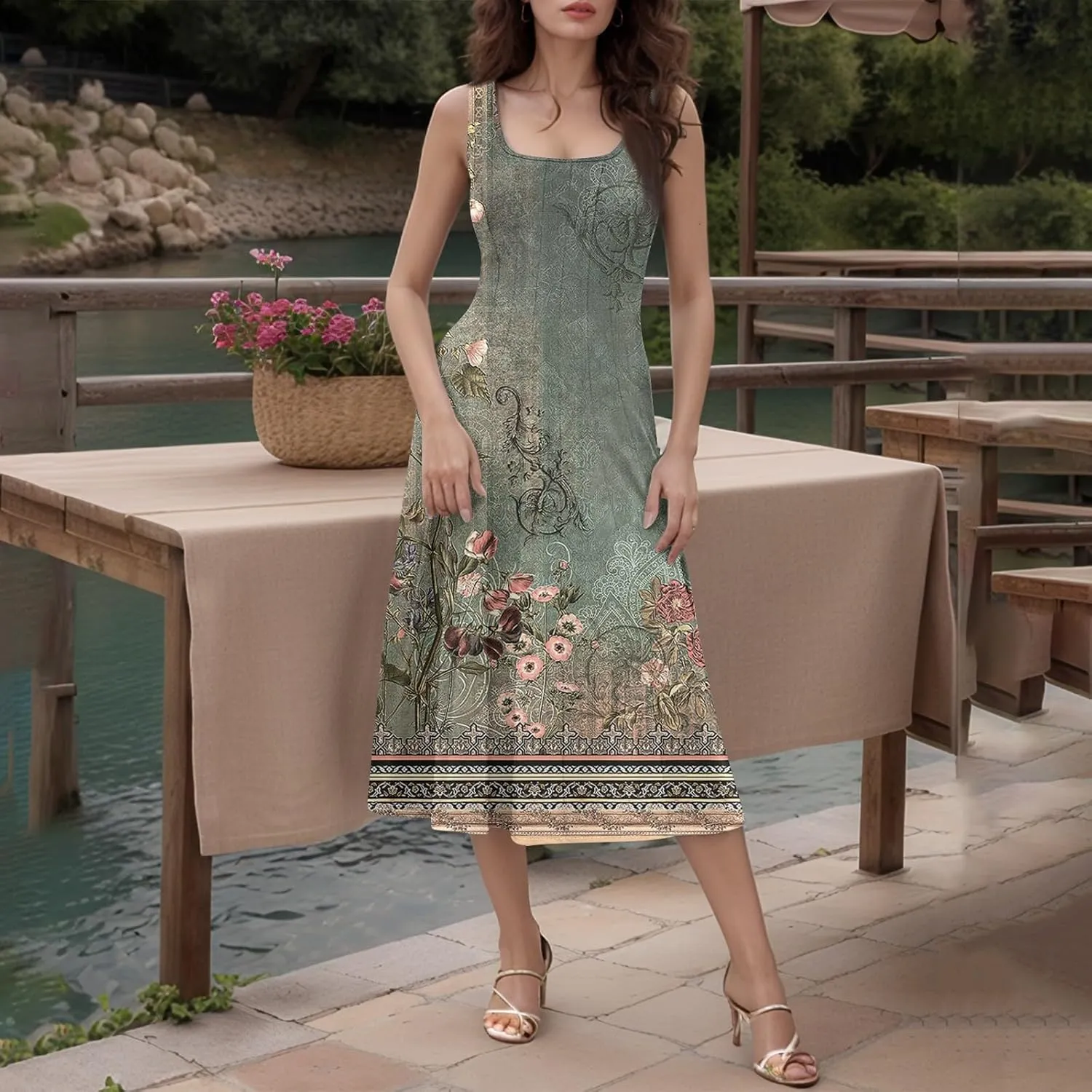 Dresses for Women 2025 Formal Floral Midi Vacation Sundresses Casual Soft Fabric Dress Cocktail Dresses