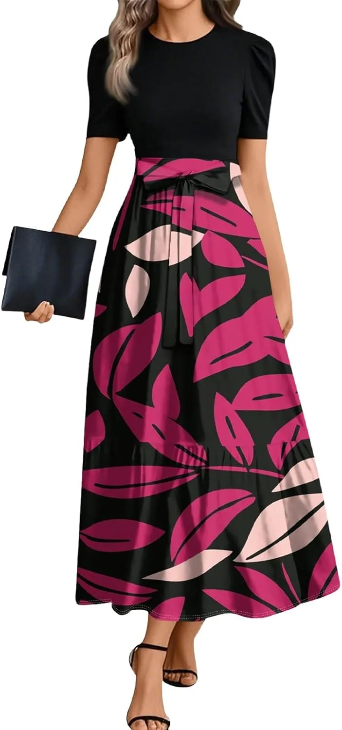 Dresses for Women 2025 Short Sleeve Round Neck Dresses Knee Length Dress Long Flowy Beach Dresses