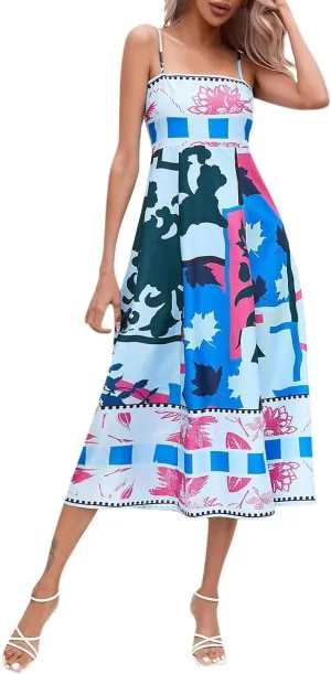 Dresses for Women Cute Print Maxi Cami Dress Loose Sleeveless Spaghetti Strap Boho Dress Vacation Beach Dresses