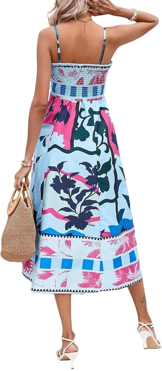 Dresses for Women Cute Print Maxi Cami Dress Loose Sleeveless Spaghetti Strap Boho Dress Vacation Beach Dresses