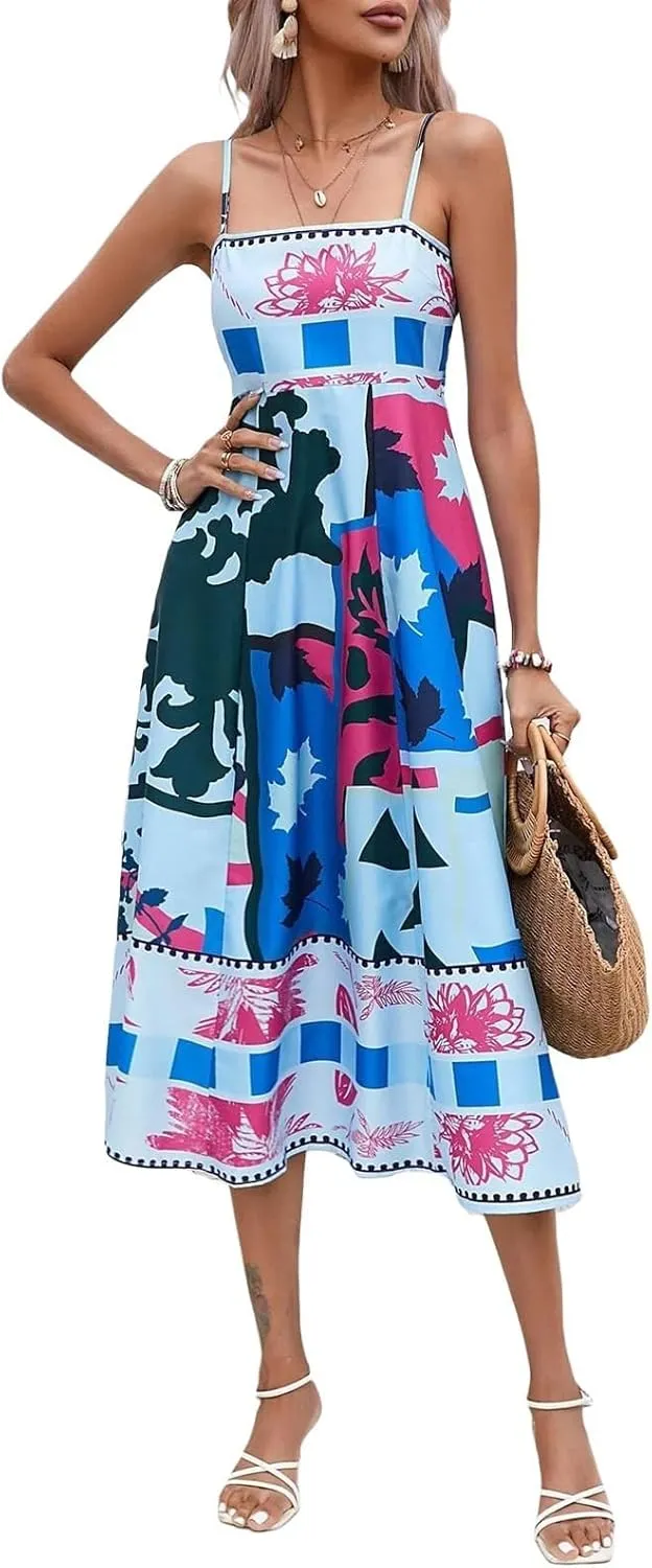 Dresses for Women Cute Print Maxi Cami Dress Loose Sleeveless Spaghetti Strap Boho Dress Vacation Beach Dresses