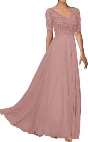 Elegant Mother of Bride Dress V-Neck Formal Evening Party Dresses Chiffon Laces Mother of The Groom Dresses Plus Size