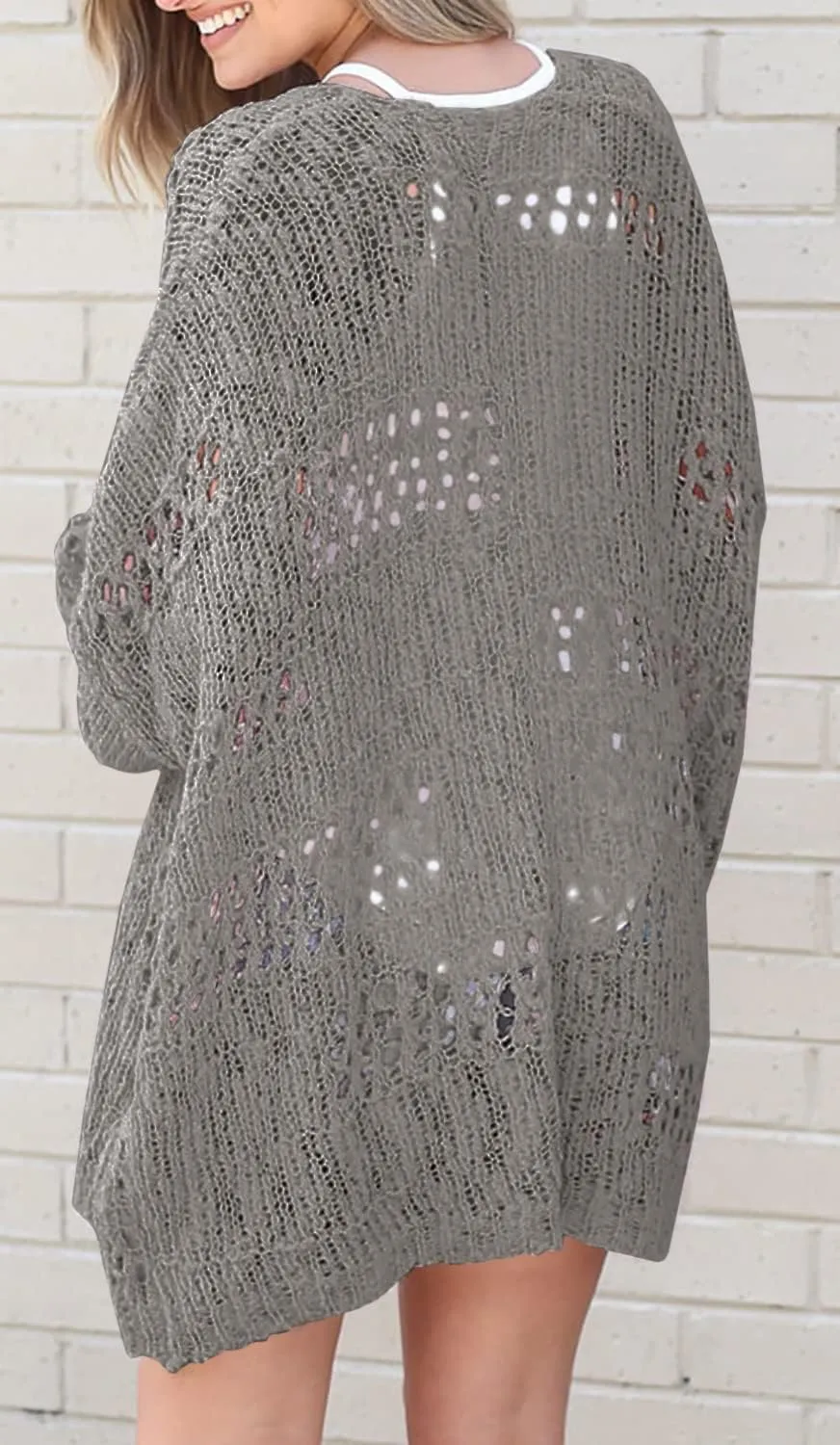 Ermonn Womens Crochet Cardigan Sweater Kimonos Boho Solid Color Oversized Fall Open Front Outwear