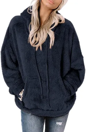 Ezbelle Women's Long Sleeve Sherpa Pullover Fuzzy Fleece Sweatshirt Casual Loose Fuzzy Hoodies with Pockets