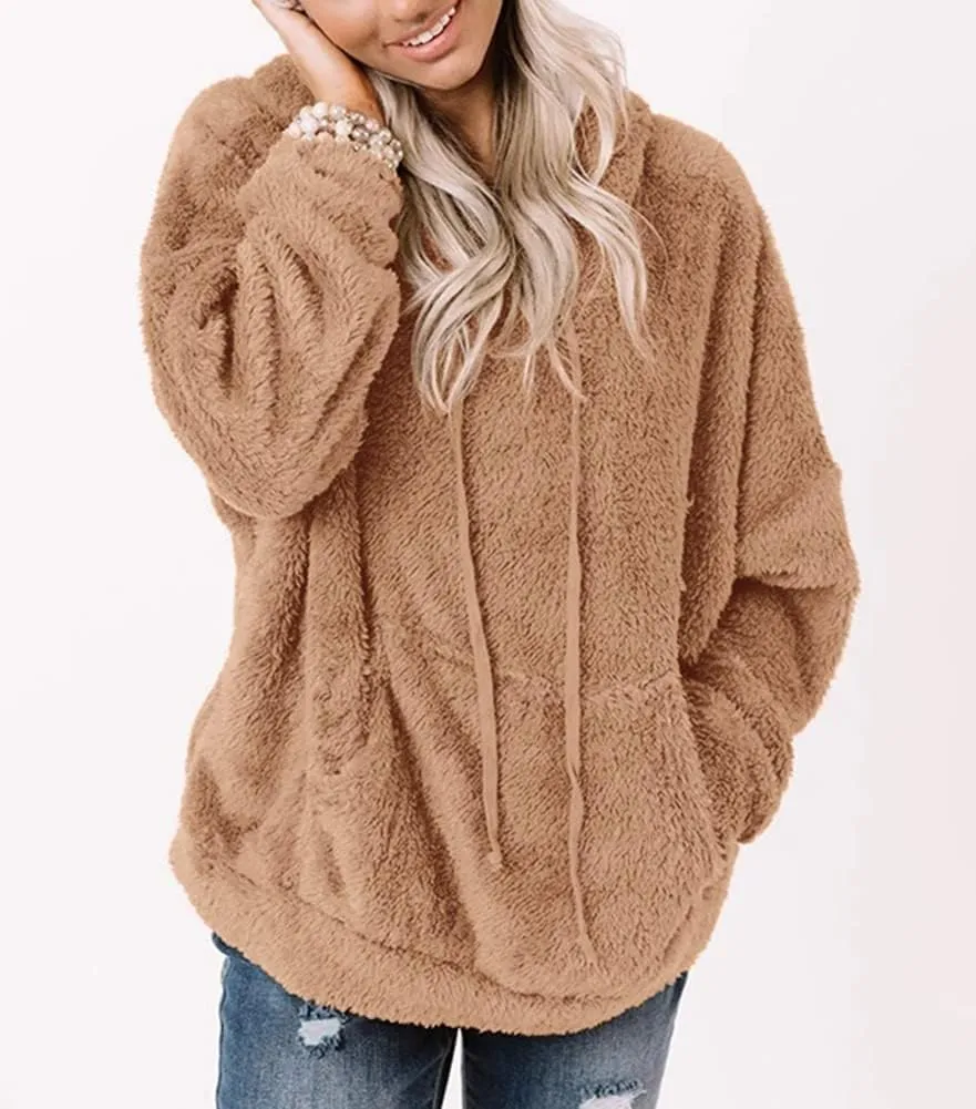 Ezbelle Women's Long Sleeve Sherpa Pullover Fuzzy Fleece Sweatshirt Casual Loose Fuzzy Hoodies with Pockets