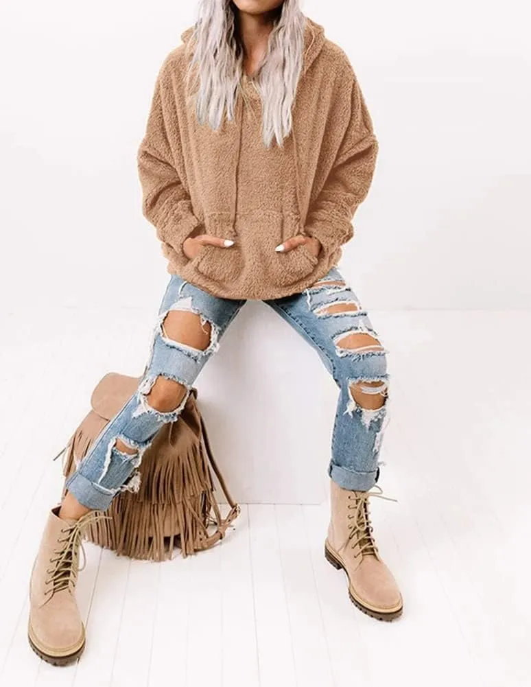 Ezbelle Women's Long Sleeve Sherpa Pullover Fuzzy Fleece Sweatshirt Casual Loose Fuzzy Hoodies with Pockets