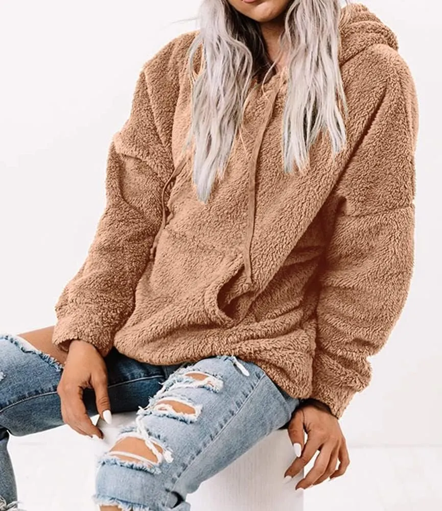 Ezbelle Women's Long Sleeve Sherpa Pullover Fuzzy Fleece Sweatshirt Casual Loose Fuzzy Hoodies with Pockets