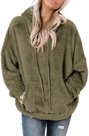 Ezbelle Women's Long Sleeve Sherpa Pullover Fuzzy Fleece Sweatshirt Casual Loose Fuzzy Hoodies with Pockets
