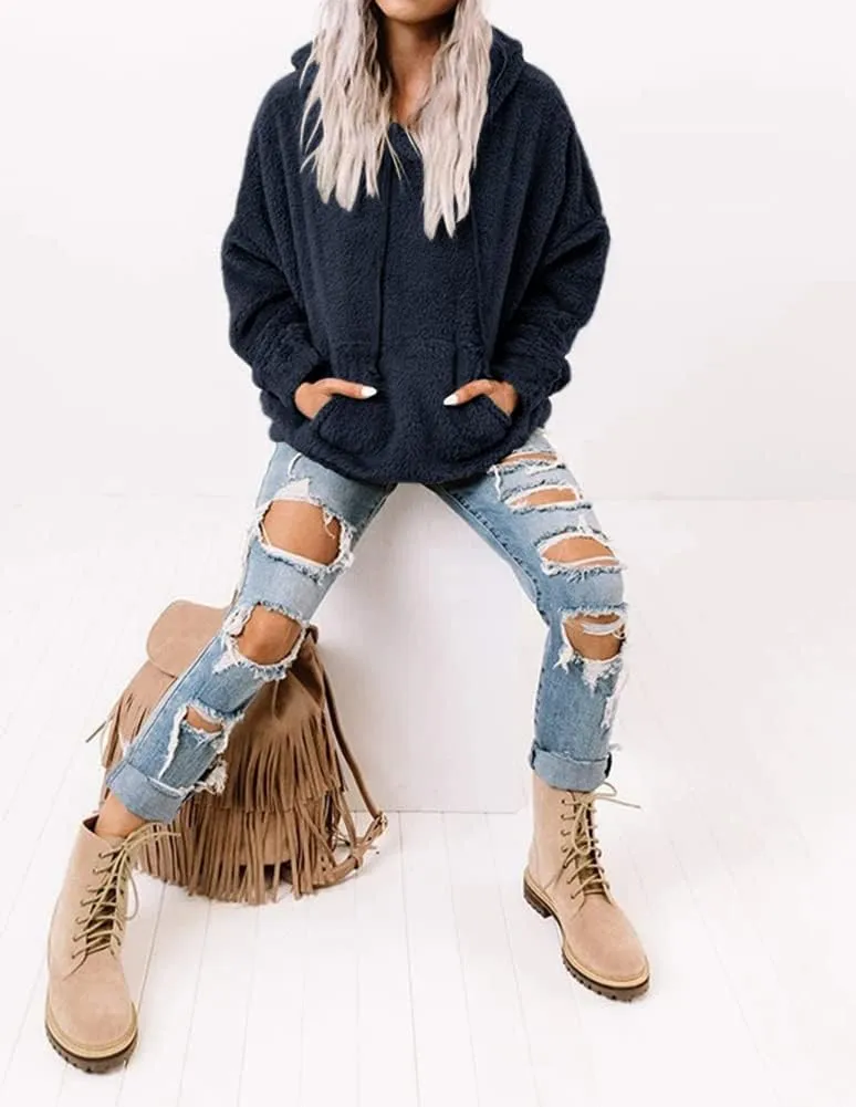 Ezbelle Women's Long Sleeve Sherpa Pullover Fuzzy Fleece Sweatshirt Casual Loose Fuzzy Hoodies with Pockets