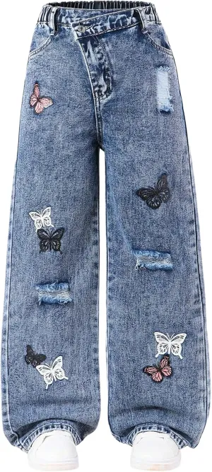 Floerns Girl's Butterfly Print Asymmetric Waist Ripped Jeans Wide Leg Y2k Denim Pants