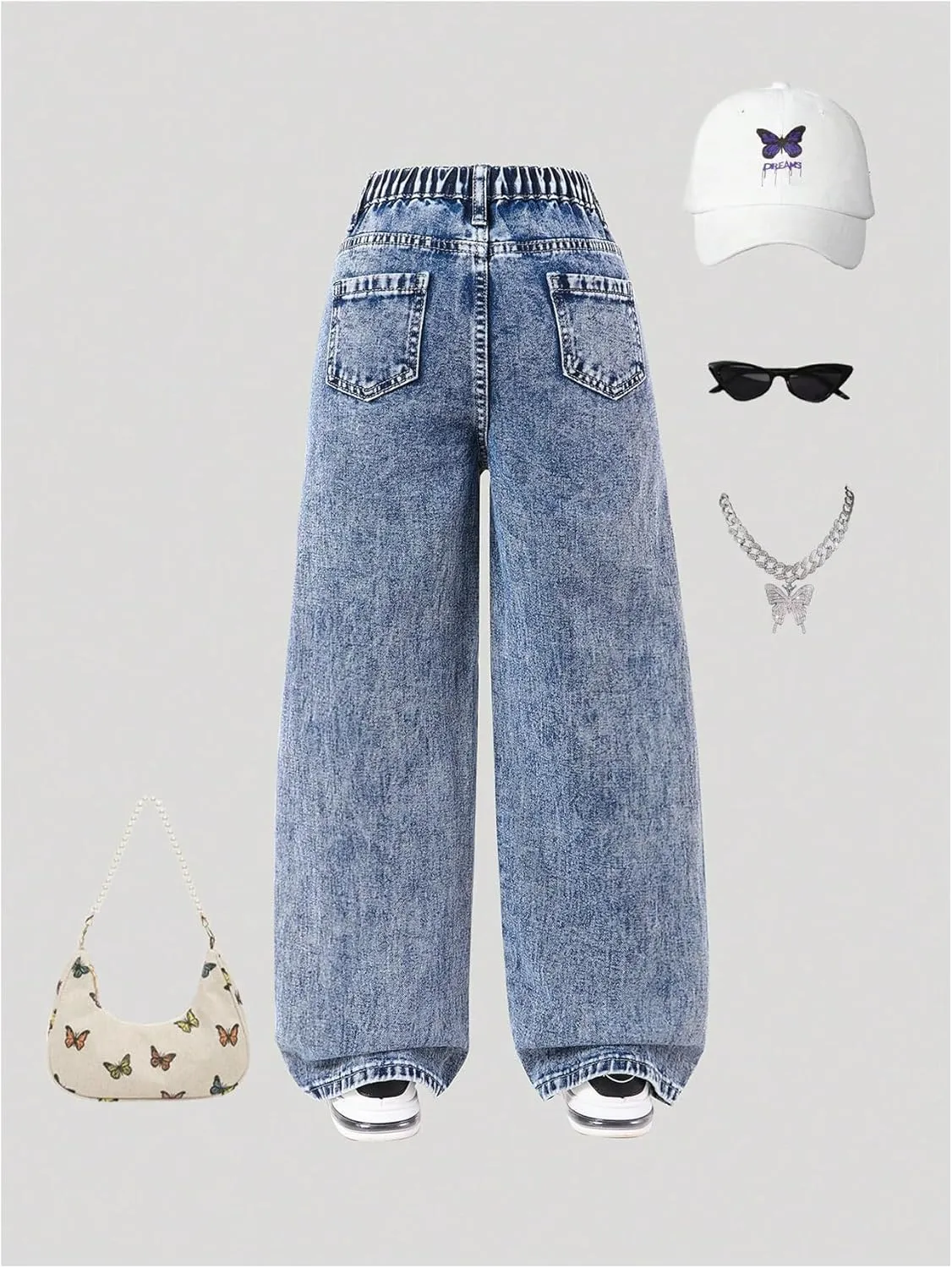 Floerns Girl's Butterfly Print Asymmetric Waist Ripped Jeans Wide Leg Y2k Denim Pants