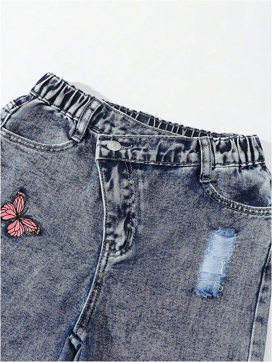 Floerns Girl's Butterfly Print Asymmetric Waist Ripped Jeans Wide Leg Y2k Denim Pants