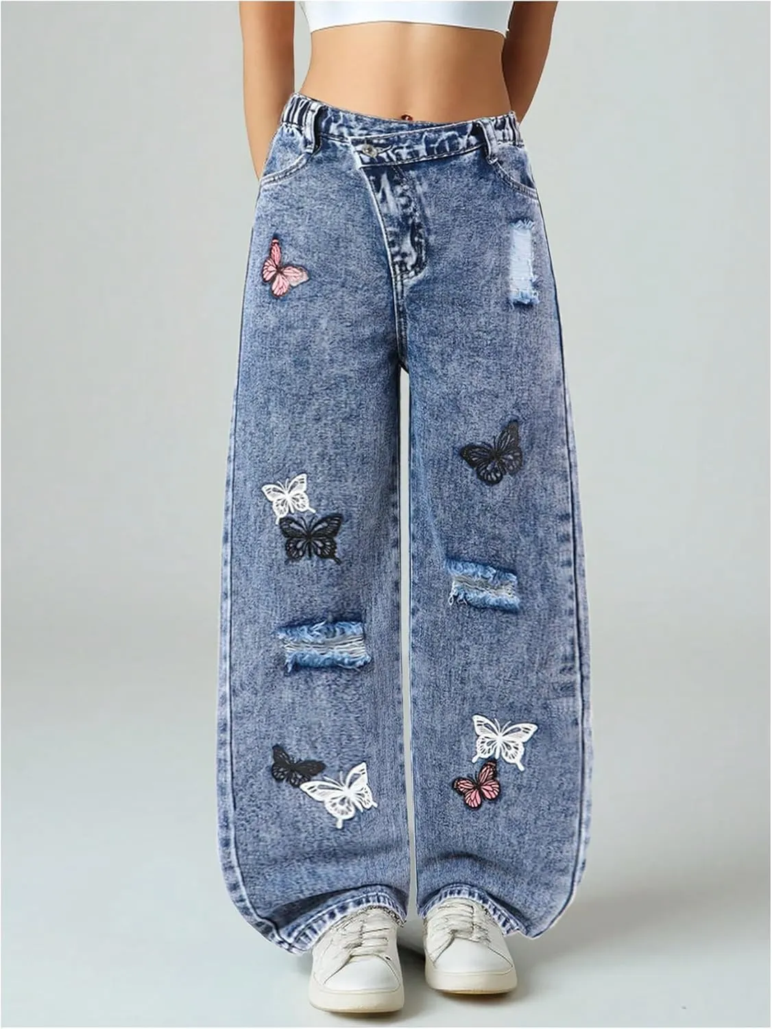 Floerns Girl's Butterfly Print Asymmetric Waist Ripped Jeans Wide Leg Y2k Denim Pants