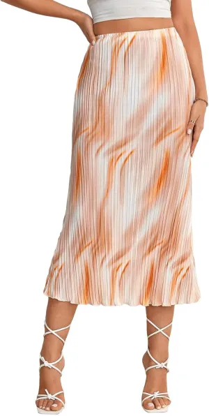 Floerns Women's Tie Dye High Waist Long Skirts Lettuce Trim Summer Pleated Skirt