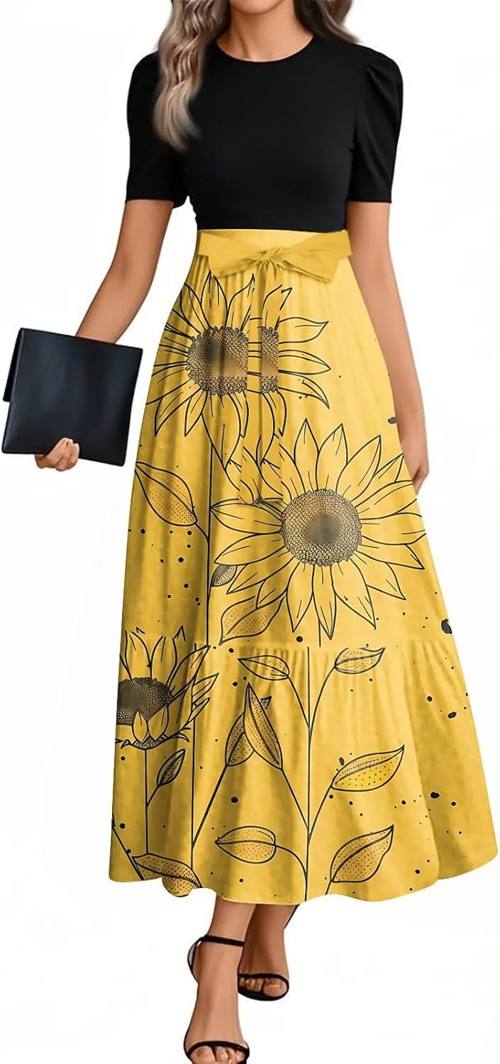 Flowy Bohemian Patchwork Beach Dress 2025 Elegant Floral Print Maxi Dress with Ruffle Hem