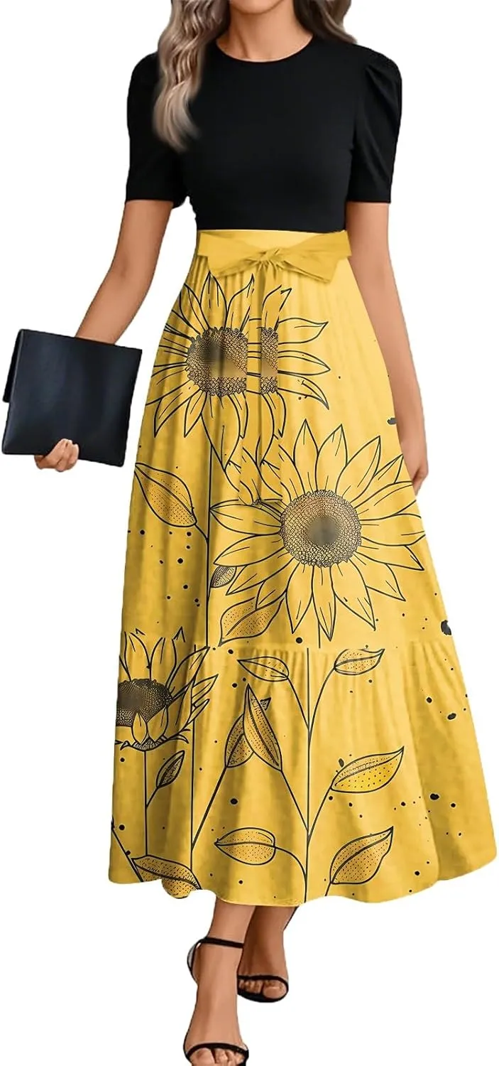 Flowy Bohemian Patchwork Beach Dress 2025 Elegant Floral Print Maxi Dress with Ruffle Hem